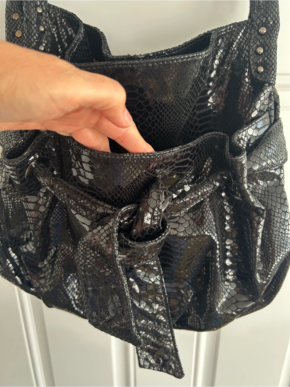 Vintage Y2K Perlina Studio Black Snakeskin Embossed Leather Rope Handle Hobo Bag - Picture 5 of 16
